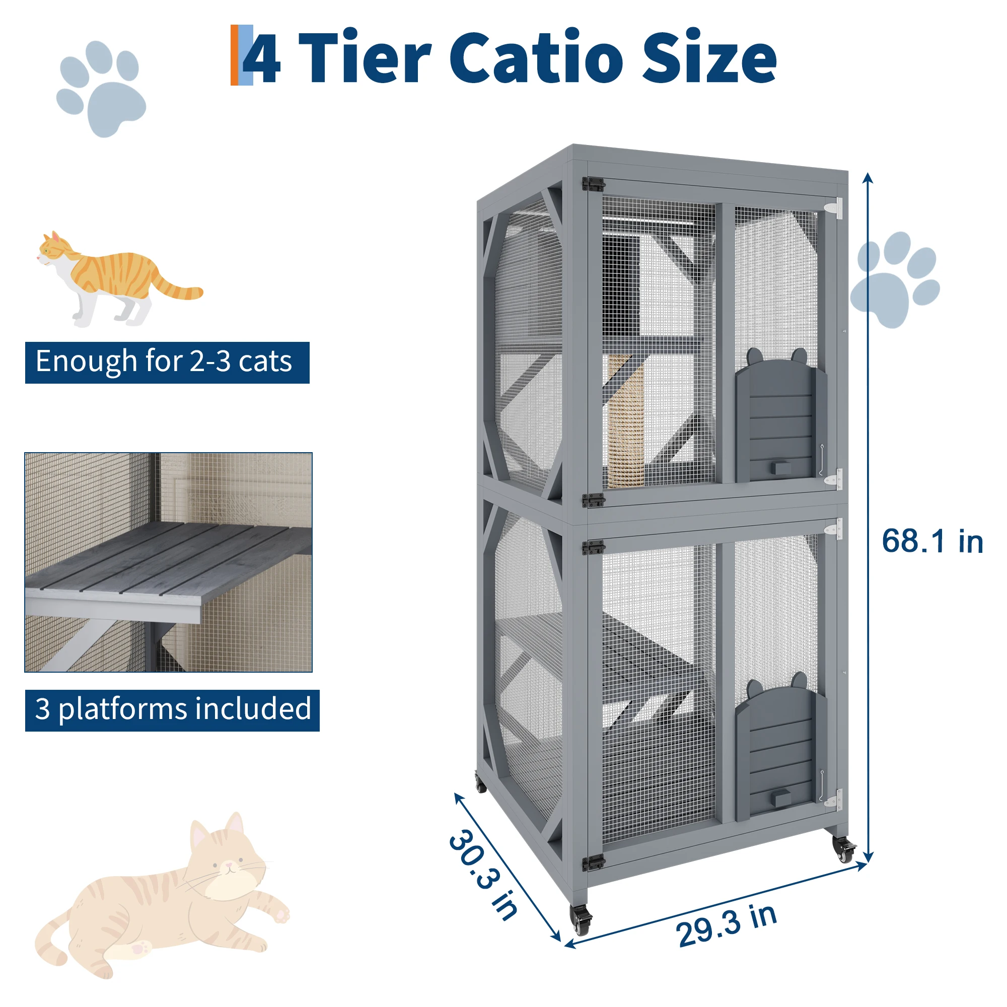 Outdoor Cat Enclosure On Wheels, 68 in Window Catio Kitty House with Weatherproof Roof, 4 Platforms, Resting Box and Scratch Post, Portable Cat Playpen Feral Cats Shelter