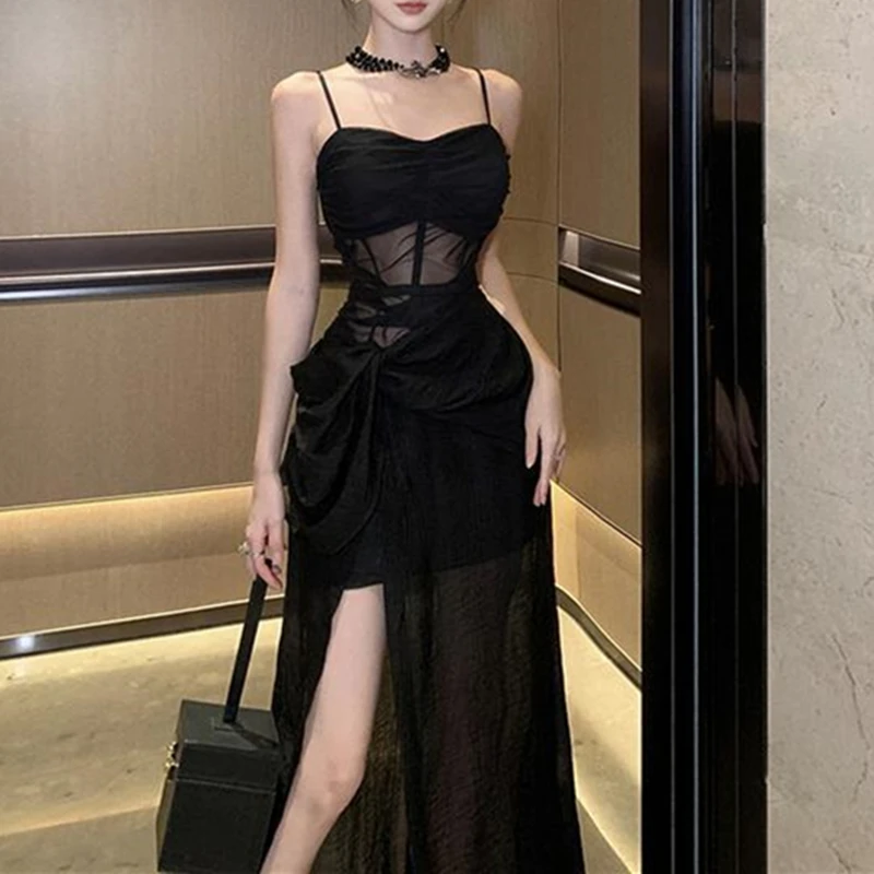 Women's Summer Slim Long Black Sheer Transparent Dresses Women Clothing 2024 NEW Arrival