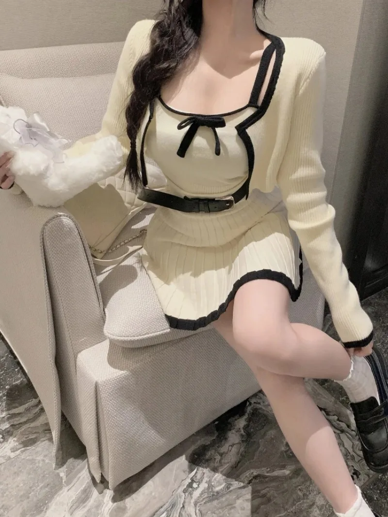 Cute Autumn Elegant Knitted 3 Piece Set Woman Solid Korea Fashion Suit Casual Vest + Short Cardigan + Slim Mini Skirt Bow Design