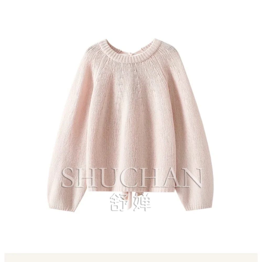 New Warm Pullover 320g Rear Streamer Bow 100% Pure Cashmere Shirt Women's Round Neck Pure Cashmere Sweater Loose