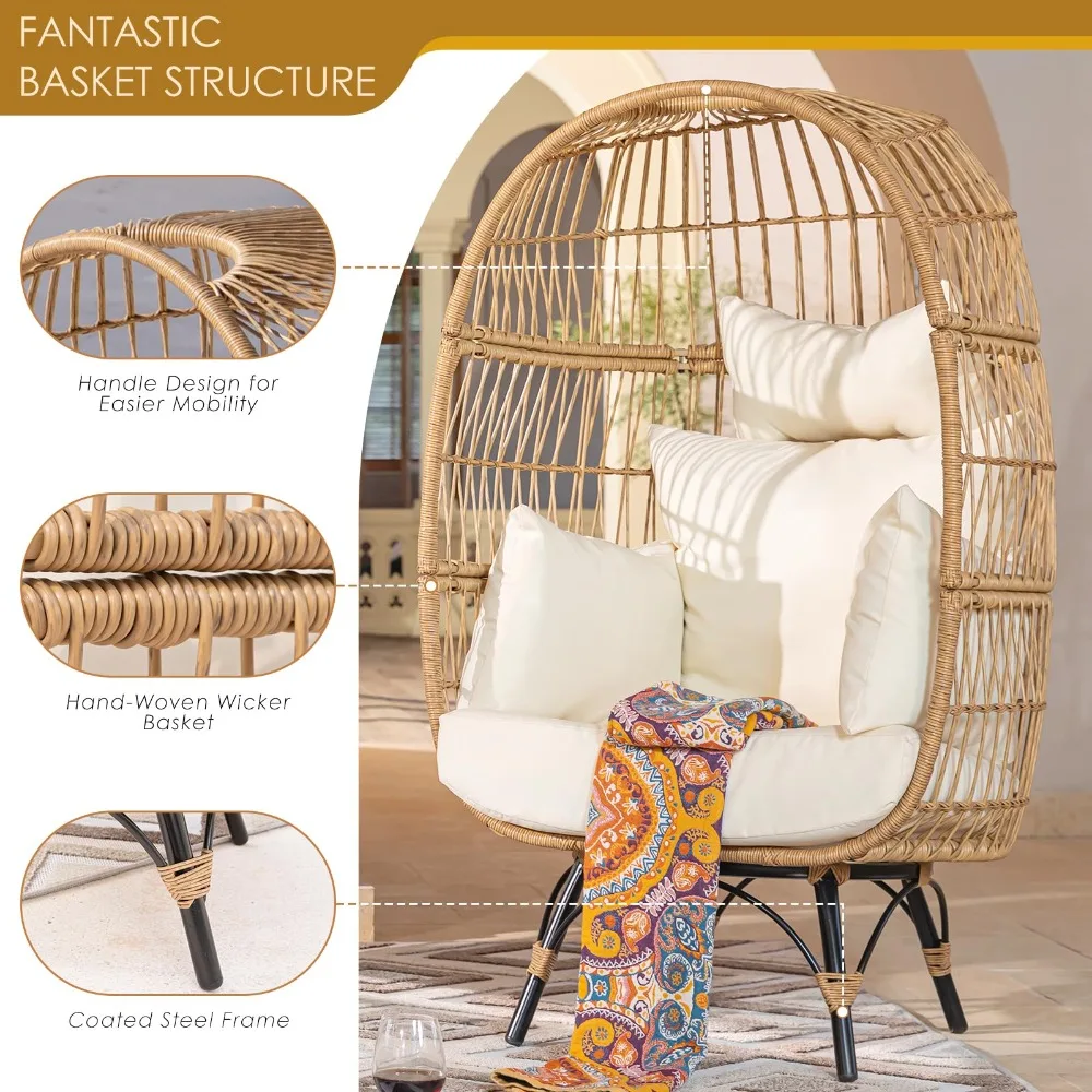 2024 New Patio Stationary Egg Chair with Thicken Cushions, Indoor Outdoor Large PE Rattan Egg Basket Chair 440 Lbs