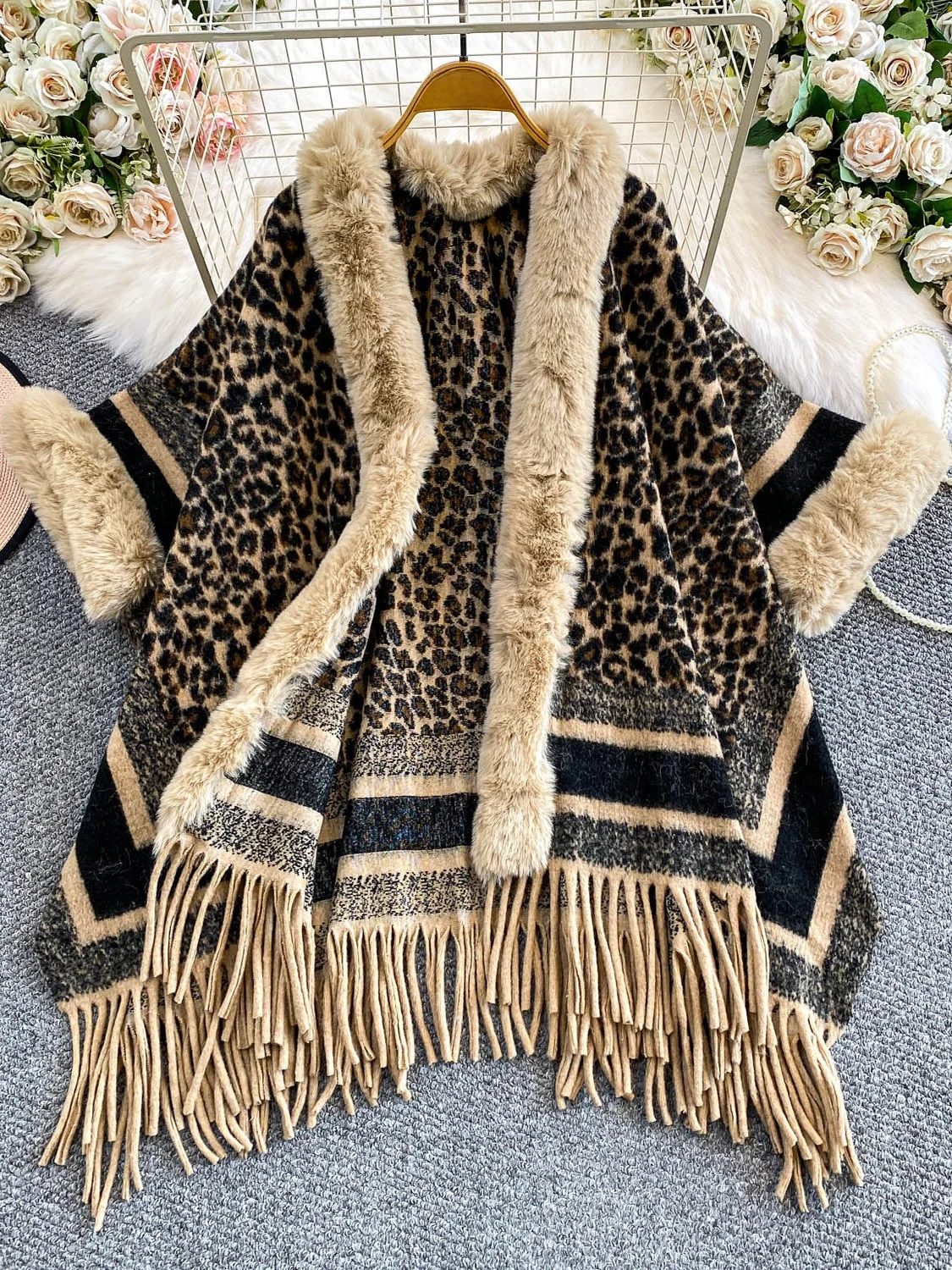 

Ele Women's Long Fur awl Coat Heavy Work Leopard Print Tassel Mid-Length Winter Outerwear Commute Sle
