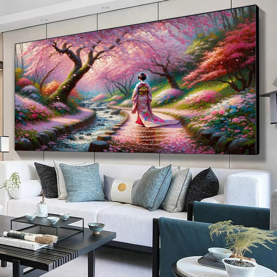 

Pink Cherry Blossoms Japanese Woman Diy Diamond Painting Large Size Scenery Full Square Round Drill Mosaic Embroidery Picture