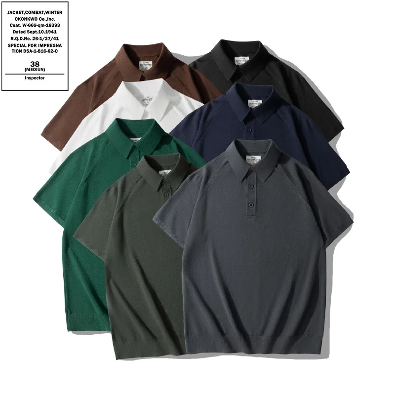 QICHE Men Italian Style Knit Polo Shirt Ice Silk Short Sleeve Lapel Amekaji Breathable Vintage Casual T-shirt view 2