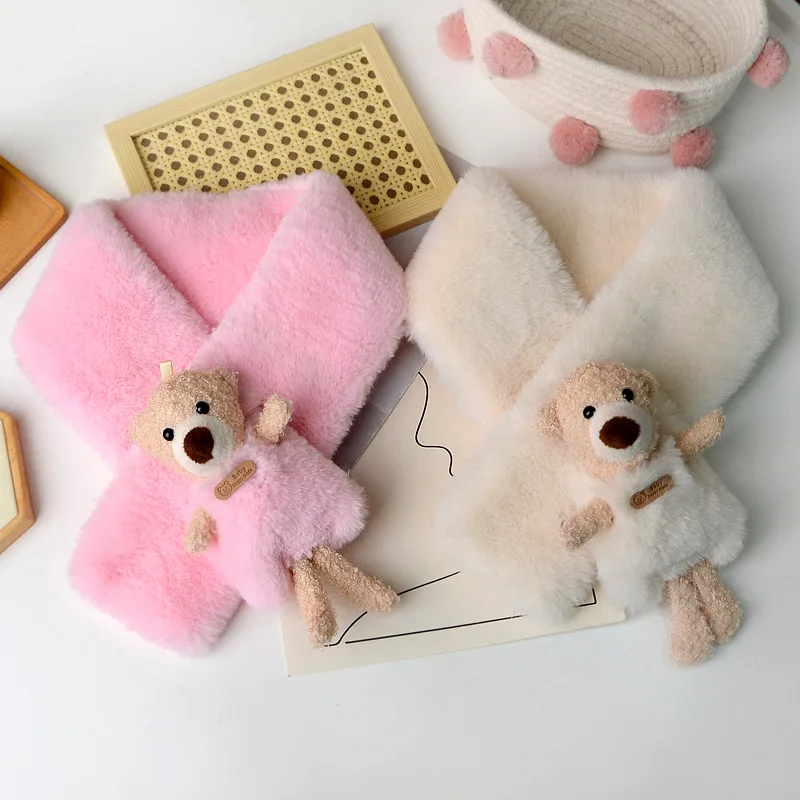 

Новый плюшевый детский шарф с милым мультяшным медведем для девочек, осенне-зимний теплый утолщенный пушистый детский шарф для мальчиков