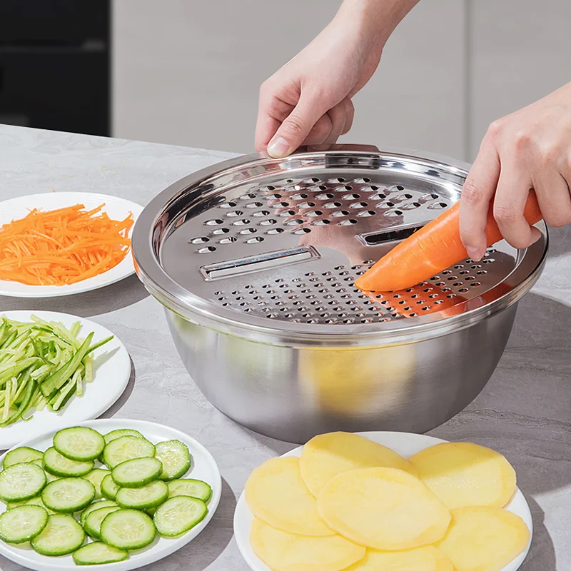 

Многофункциональное сито и миска из нержавеющей стали из трех частей для мытья и нарезки фруктов, овощей, необходимая для кухни