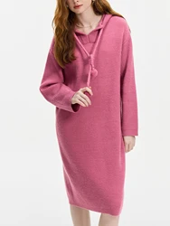 FSLE【2 Colors】Women Loose Long Sweater Dresses 3.3% Wool Rose Pink Hooded Casual Winter Full Sleeve Sweater Dress 24FS14392