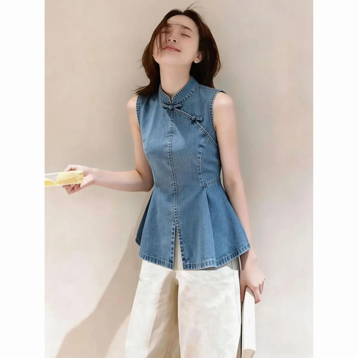 Blue New Chinese Style Sleeveless Top For Women In 2026 Summer Fashion, Unique And Gentle Design, Denim Shirt