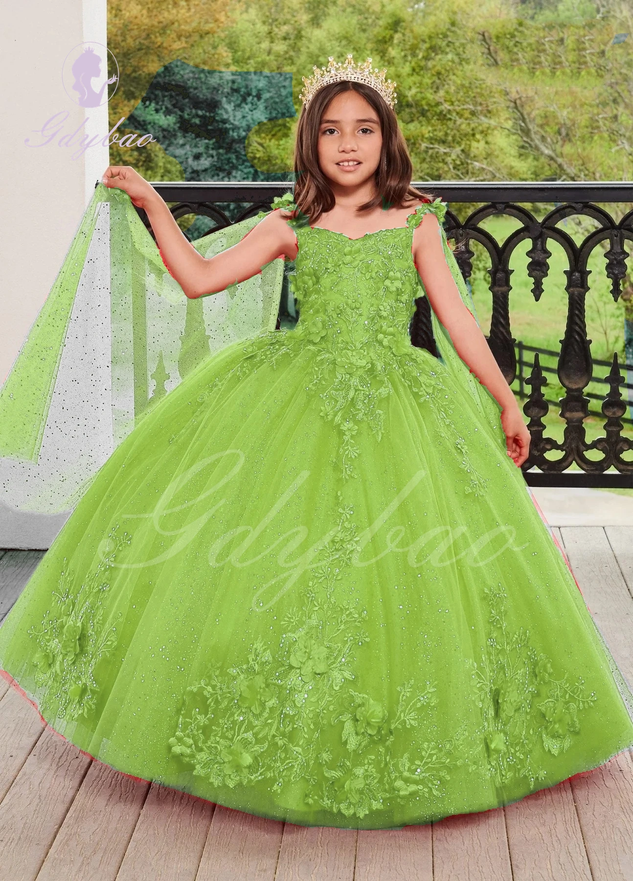 

Green AppliqueFlower Girl Dress for Wedding Puffy Lace Tulle Shining Princess Kids Birthday Party First Communion Ball Gown