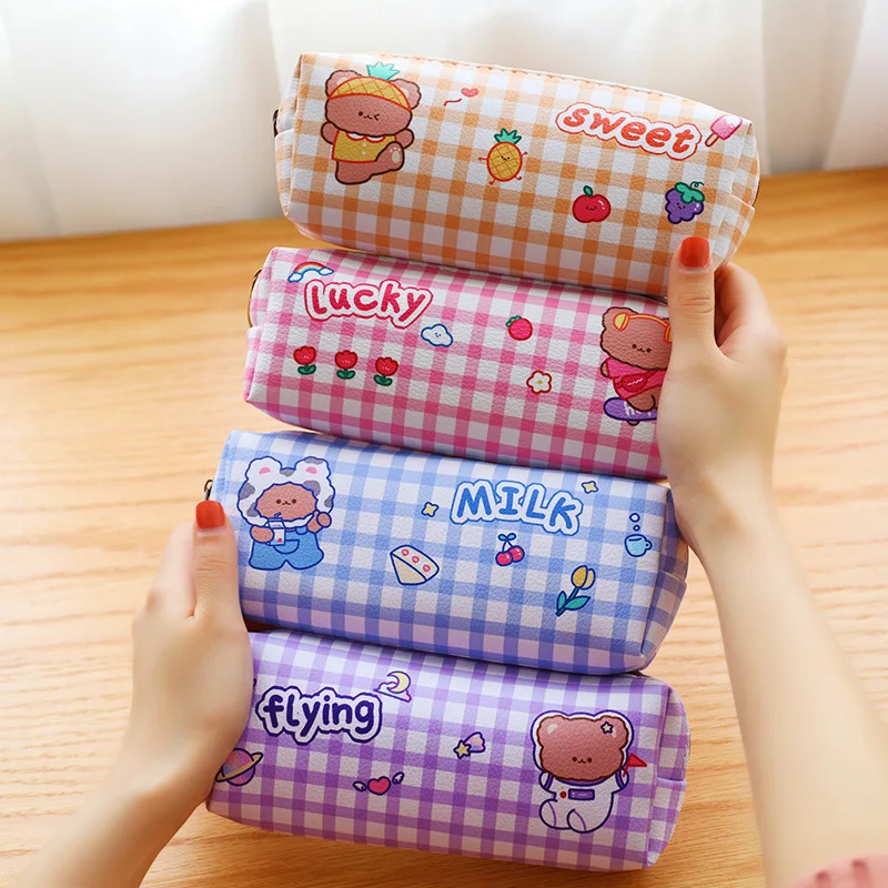 1 Pcs Kawaii Pencil Case Little Bear Plaid Pencil Box Pencilcase Pencil Bag School Supplies Stationery