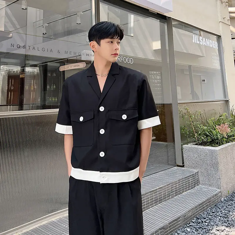 2-A57 Summer niche high-end cuciture in bianco e nero contrasto colore short-seed suicket uomo stile coreano casual bei capelli