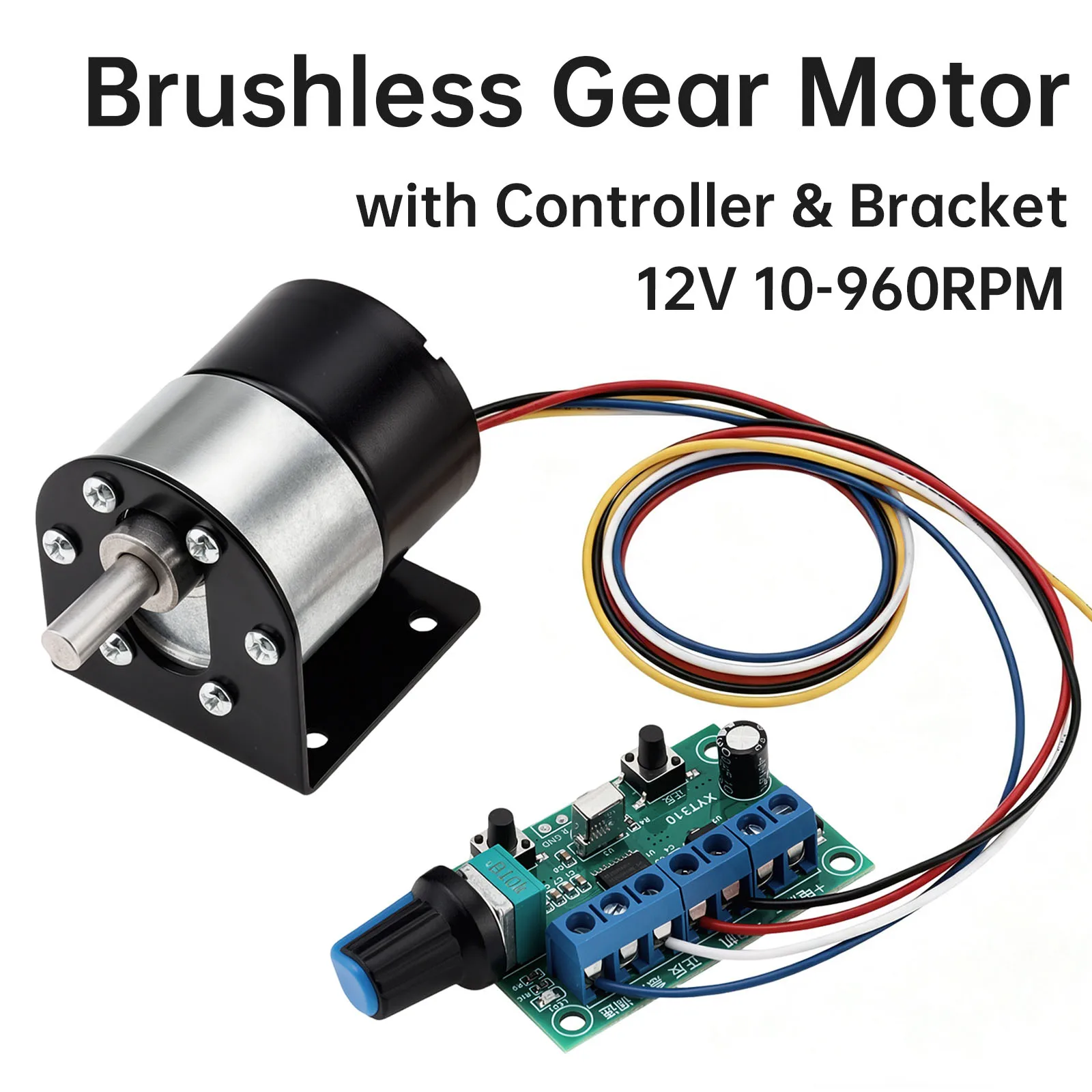 Micro Brushless Gear Motor with Controller & Bracket 12V 10-960RPM Eccentric Output Shaft Mini BLDC Motor for DIY Project