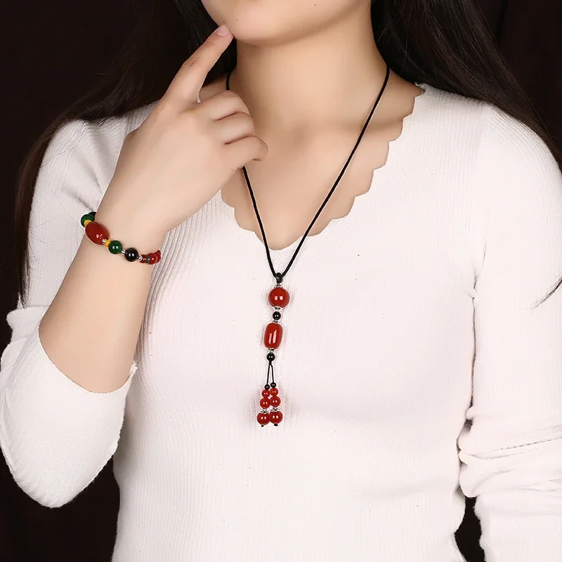 Natural red agate woolen chain necklace pendant long pendant simple exquisite Chinese ethnic style all-match jewelry set women's