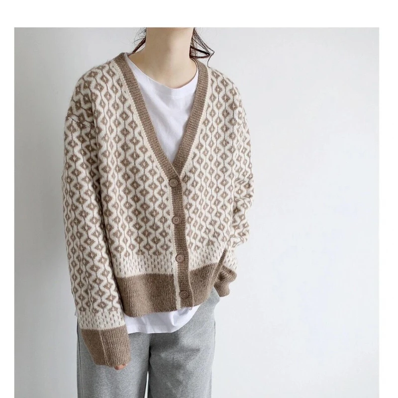 V Neck New Autumn Winter Women Knitted Single-breasted Cardigan Coat Korean Elegant Geometry Print Casual Loose Female Clothing