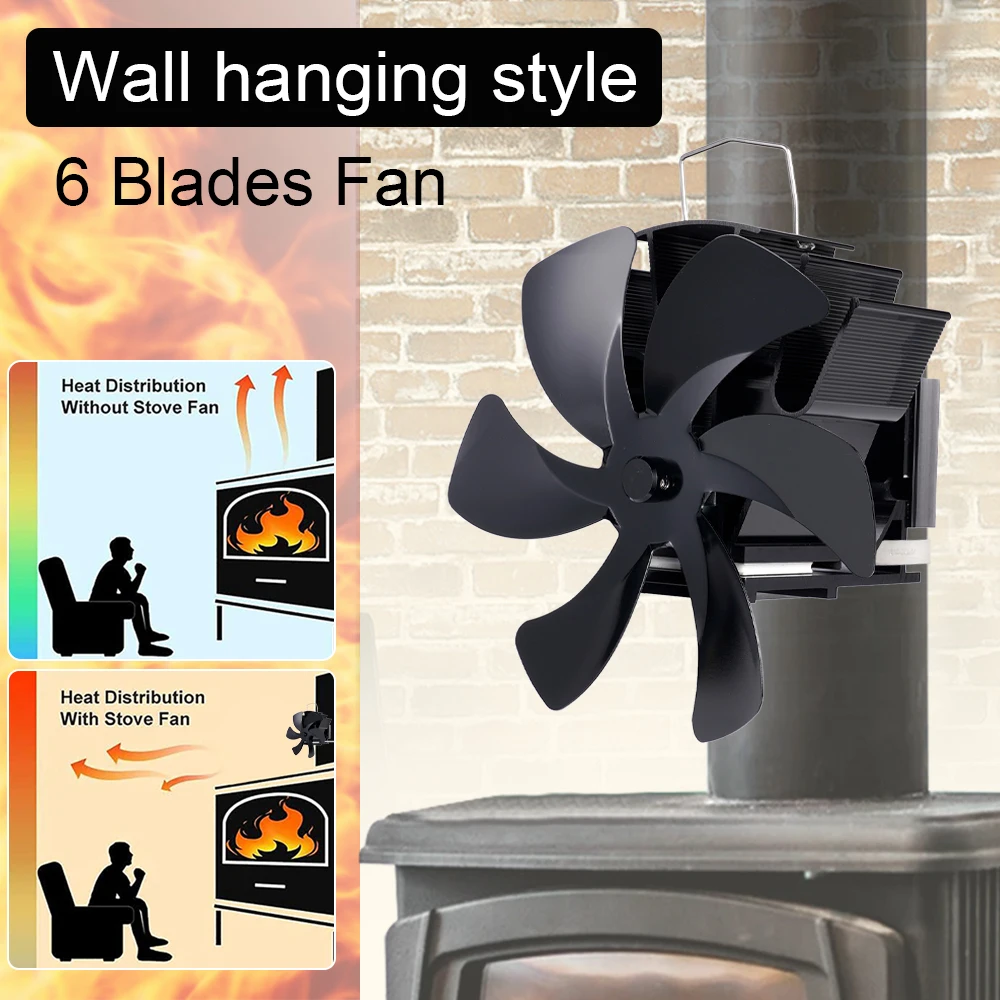 Wall Mounted 6 Blades Heat Powered Stove Fan With Clamp Fireplace Fan Log Wood Burner Eco Quiet Fan Efficient Heat Distribution