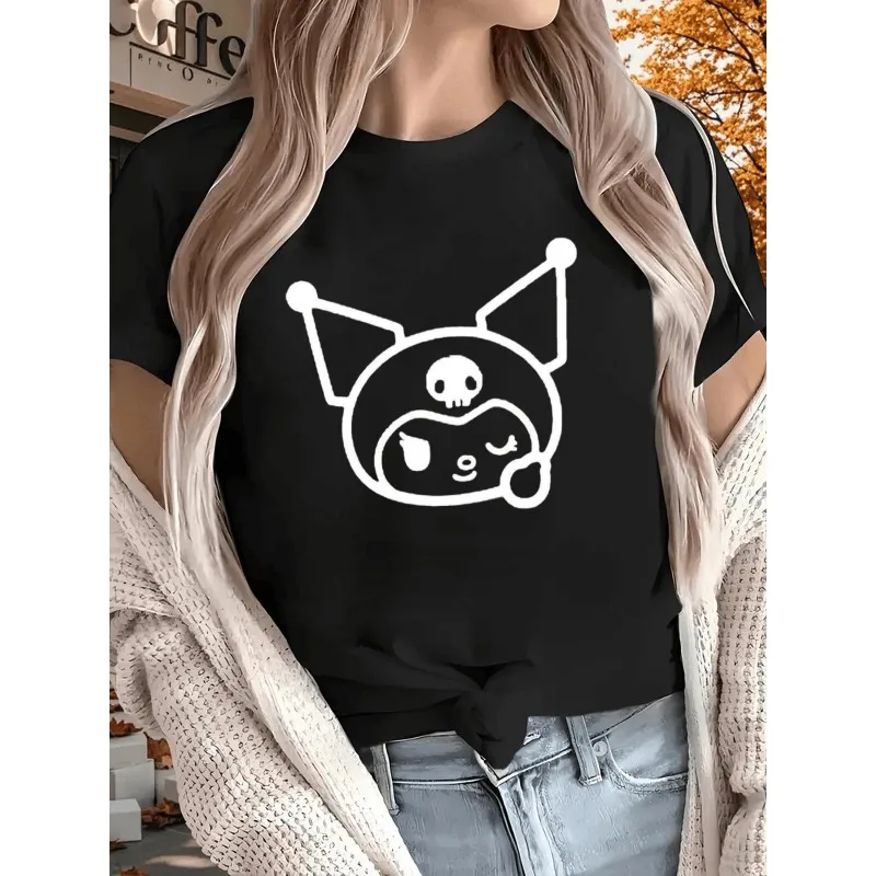 

Sanrio Pure Cotton Black T-shirt with Fashionable and Simple Personality Design Fun Printed T-shirt Casual and Loose Women's Top