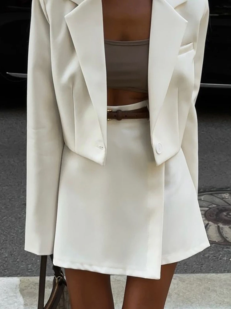 Elegante commute roupas femininas outono novo simples senhora escritório conjuntos de duas peças moda branco manga longa blazer & mini saias conjuntos