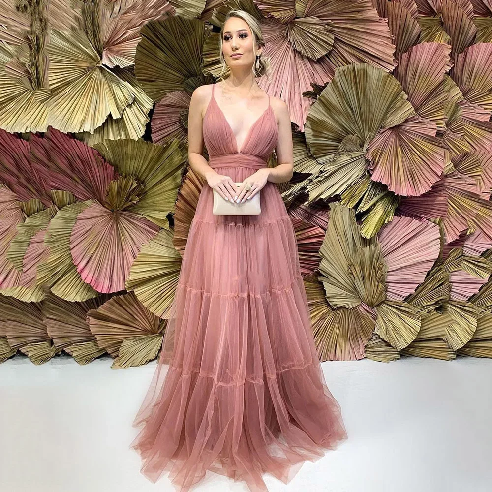 

Blush Pink Spaghetti Straps Long Prom Dresses Tiered Deep Sexy V Neck Backless Evening Formal Party Gown فستان سهرة Vestido