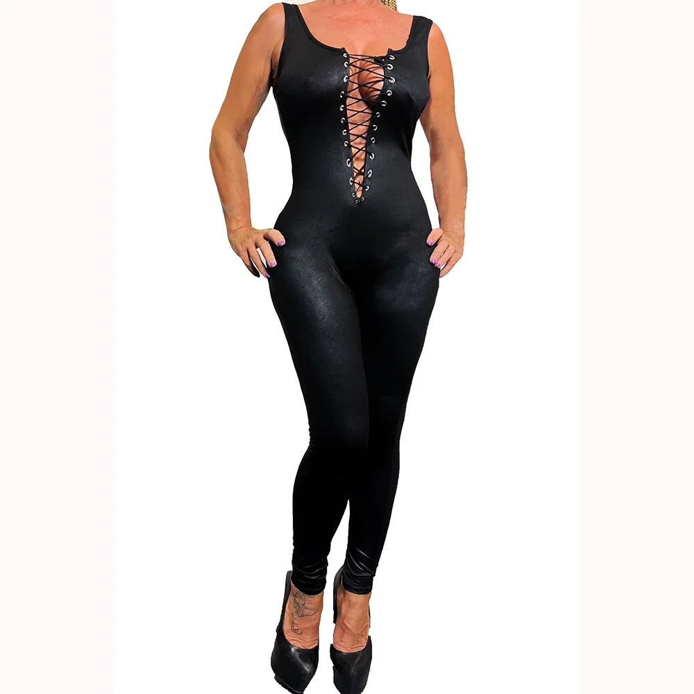Sexy Leather Bodysuit for Women Black Tank Sleeveless Lace Up Bodysuit for Adult Sex Apparel Catsuit Deep V Vinyl Jumpsuit