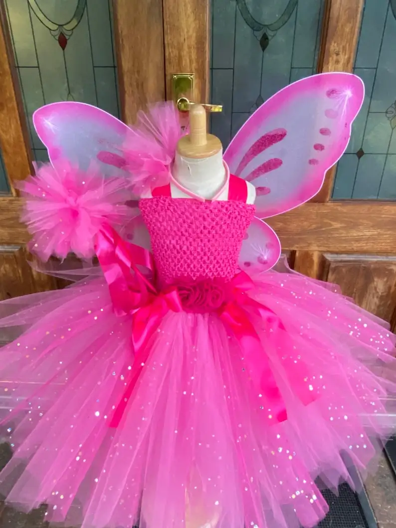 Vestido de tul con purpurina rosa para niñas, vestidos tutú de Hada y mariposa con ala y lazo para el pelo, disfraz de Halloween para niños