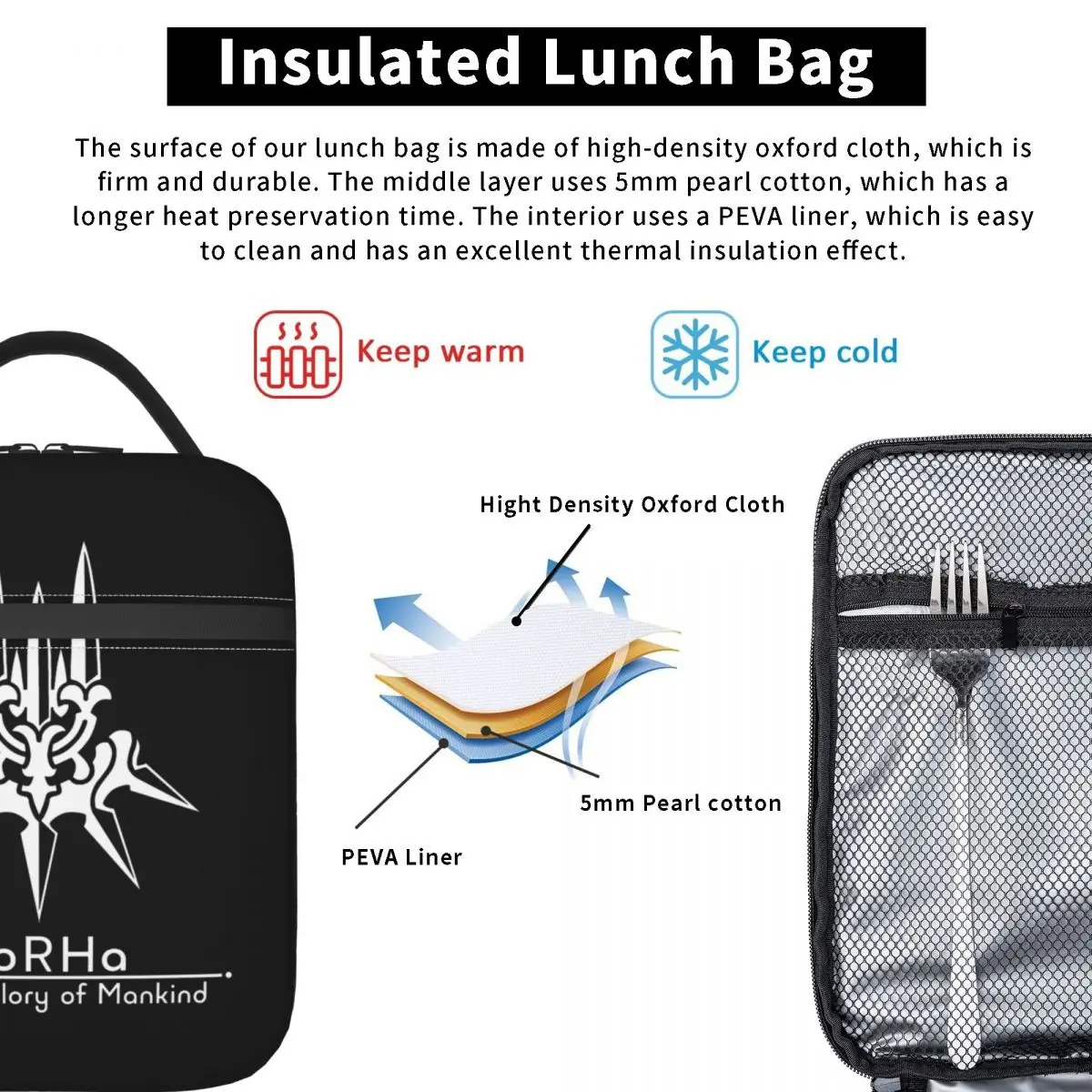 Bolsa de almuerzo con aislamiento YoRHa NieR Automata para hombres y mujeres, contenedor de alimentos, enfriador portátil, cajas de almuerzo térmicas para el trabajo