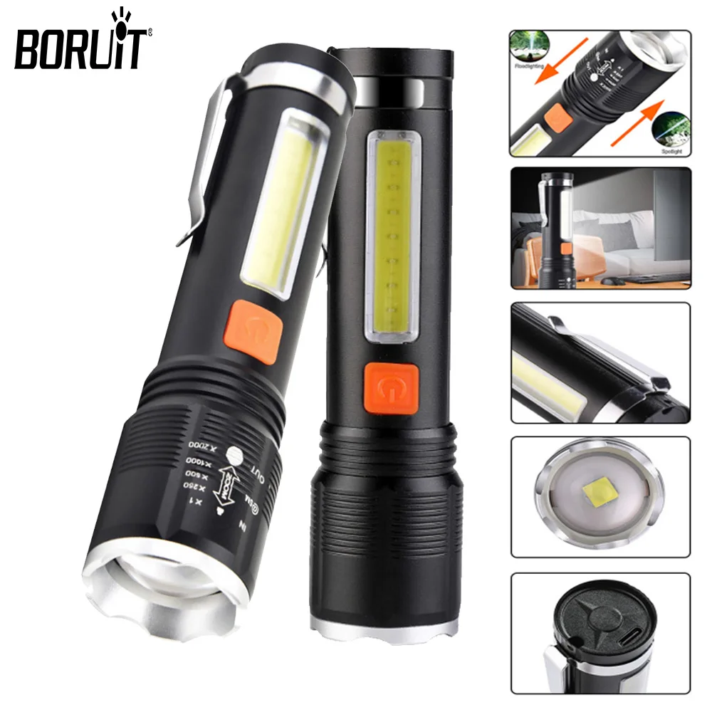 

BORUiT LED Light Flashlight Telescopic Zoom Torch Type-C Rechargeable Spotlight Outdoor Work Camping Fishing Lantern