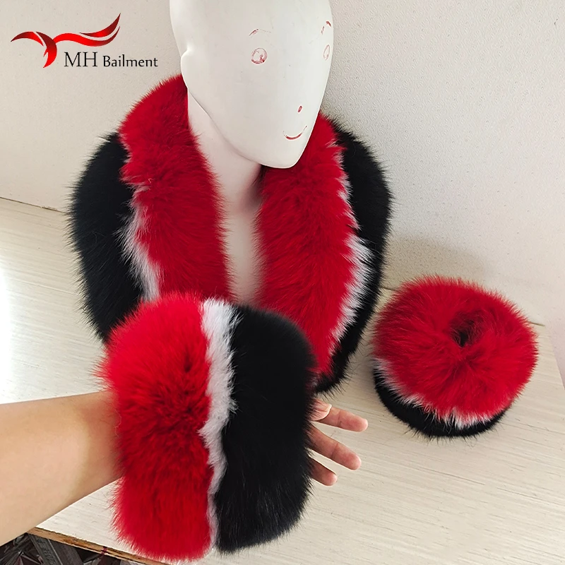 Winter 2021 New Style 100% Real Fox Fur Scarf Women\'s Coat Fashion Luxury Warm Fur Collar And Cuff Set Ladies Shawl Scarfs