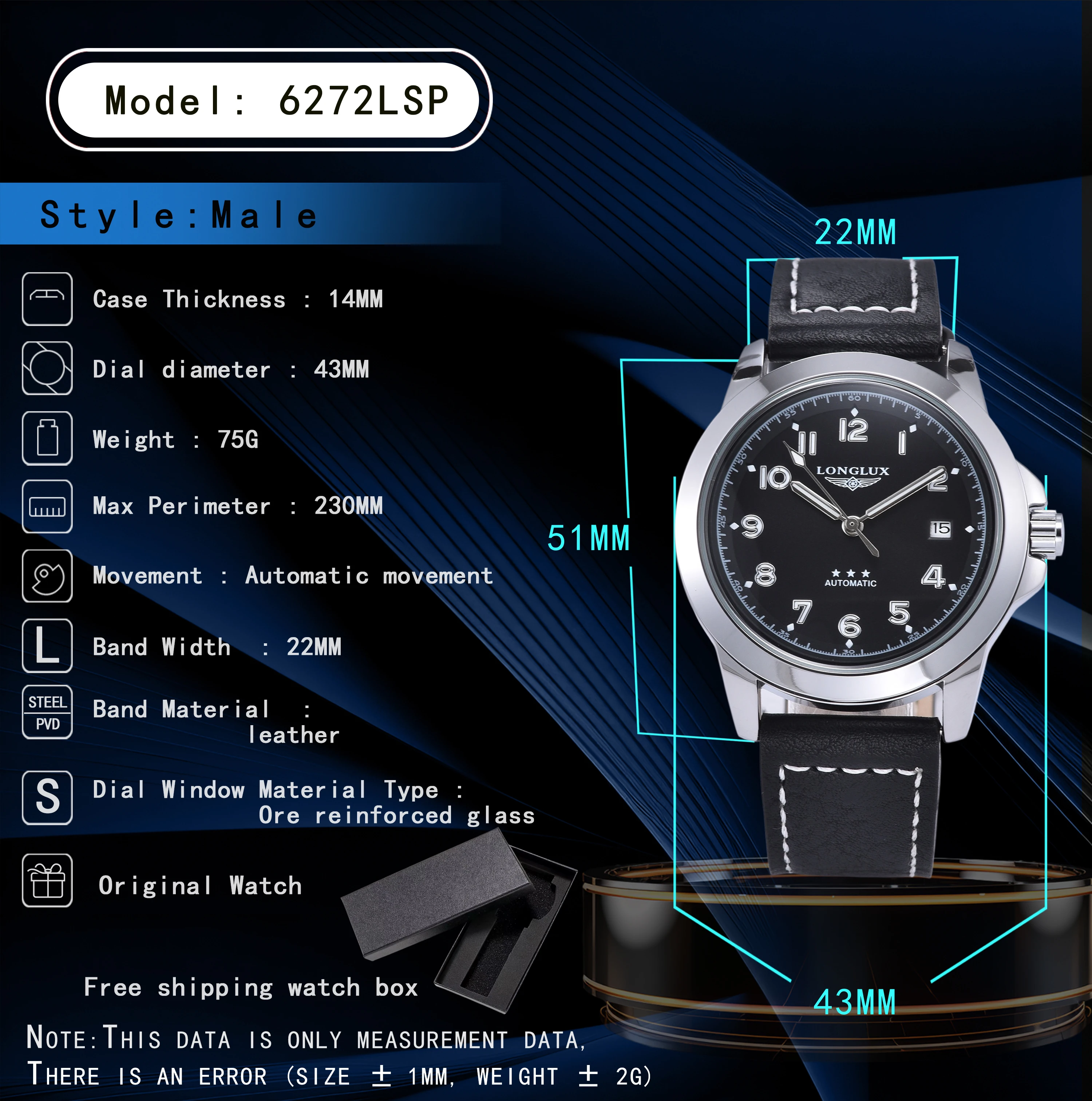 Men's Automatic Mechanical Watch with Blue Leather Strap