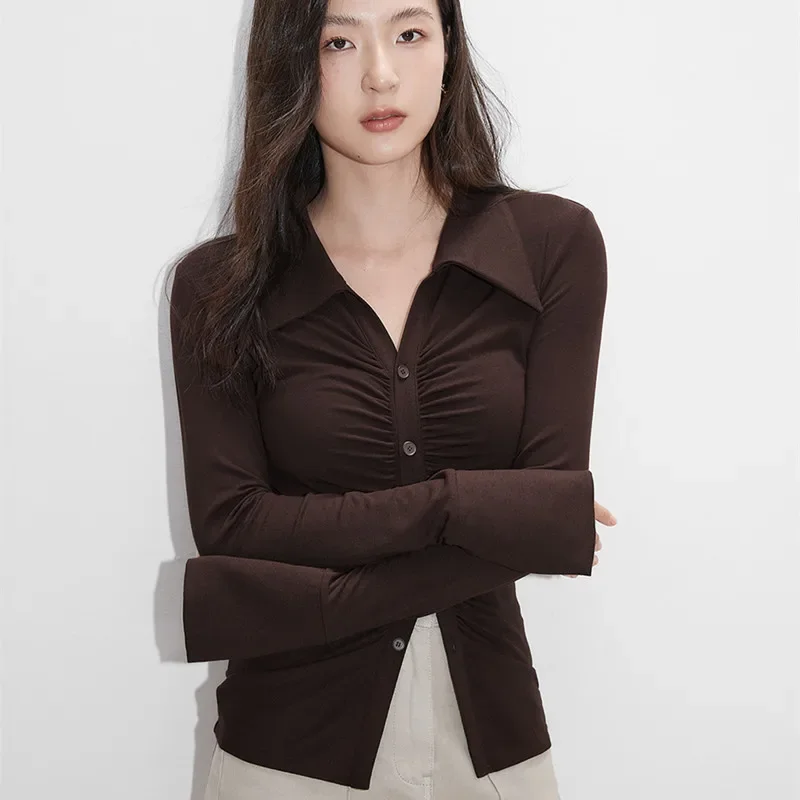 Slim Pleated Blouse Women Sexy Retro Solid Color Lapel Tops Vintage French Long Sleeved Design Sense Polo Collar Shirt