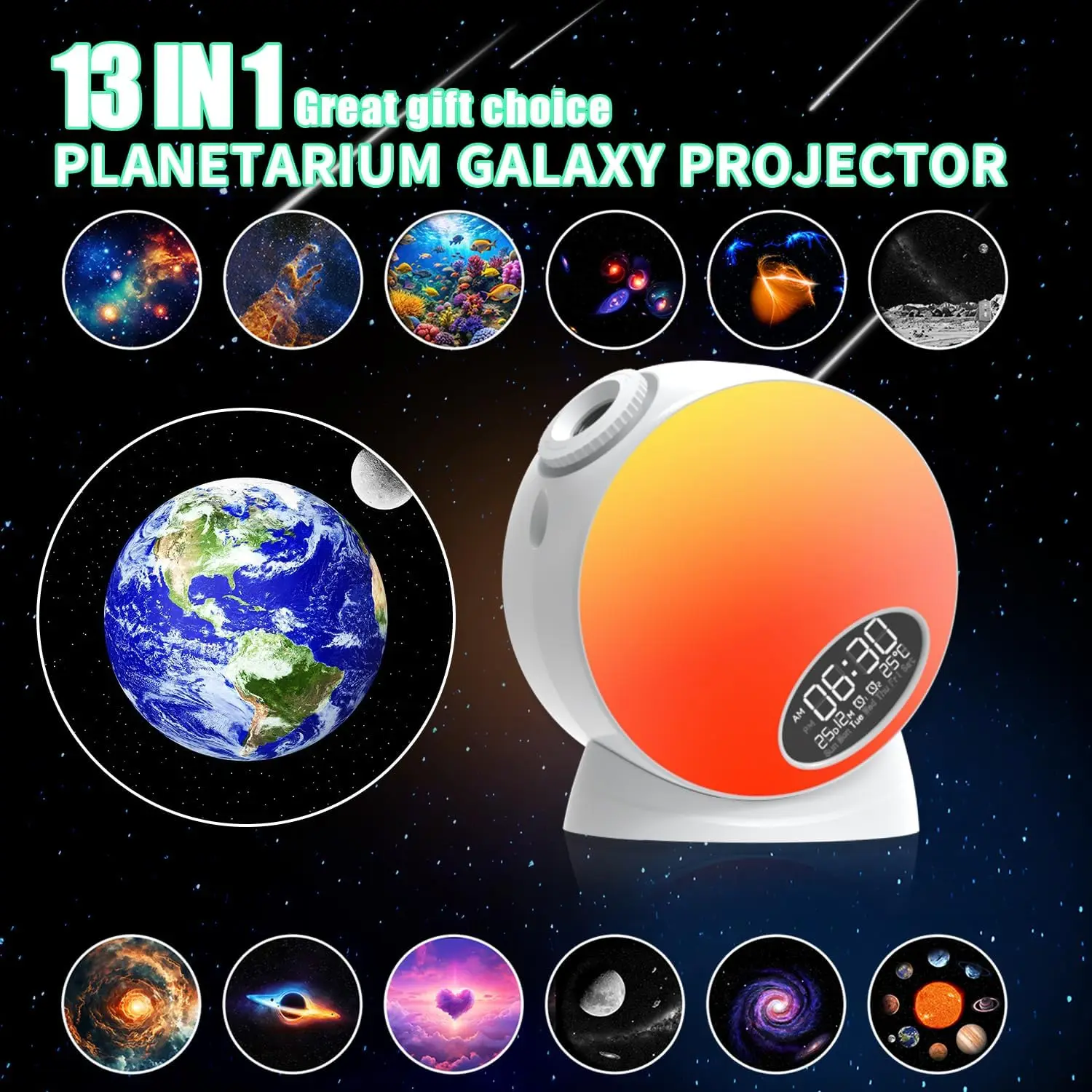 Planetarium Projector Night Light Star Projector with Clock Display Bluetooth Function and 15 Types of Sleep-Aiding White Noise