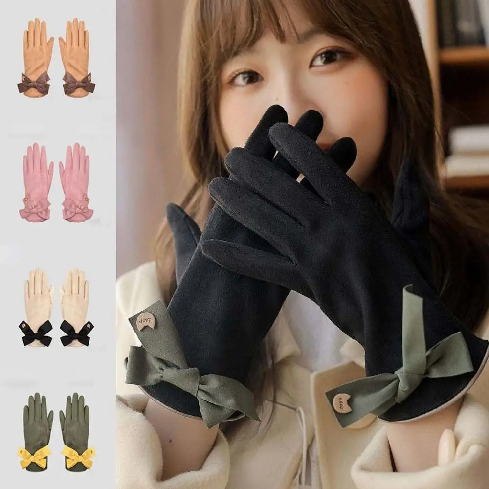 

Износостойкие двусторонние перчатки с бантом, мягкие женские варежки с защитой от холода, полиэстер, сенсорный экран, ветрозащитные варежки для пальцев, велосипедные варежки