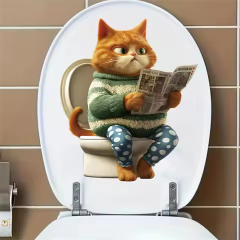 Hilarious Cat Reading Newspaper Toilet Decal Funny Bathroom Vinyl Sticker For Kids' Bathroom Themed Waterproof Toilet Decor
