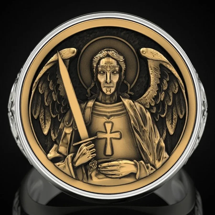 

27g Big ARCHANGEL MICHAEL Religious Art Relief Gold Rings Customized 925 Solid Sterling Silver Rings Many Sizes 6-13