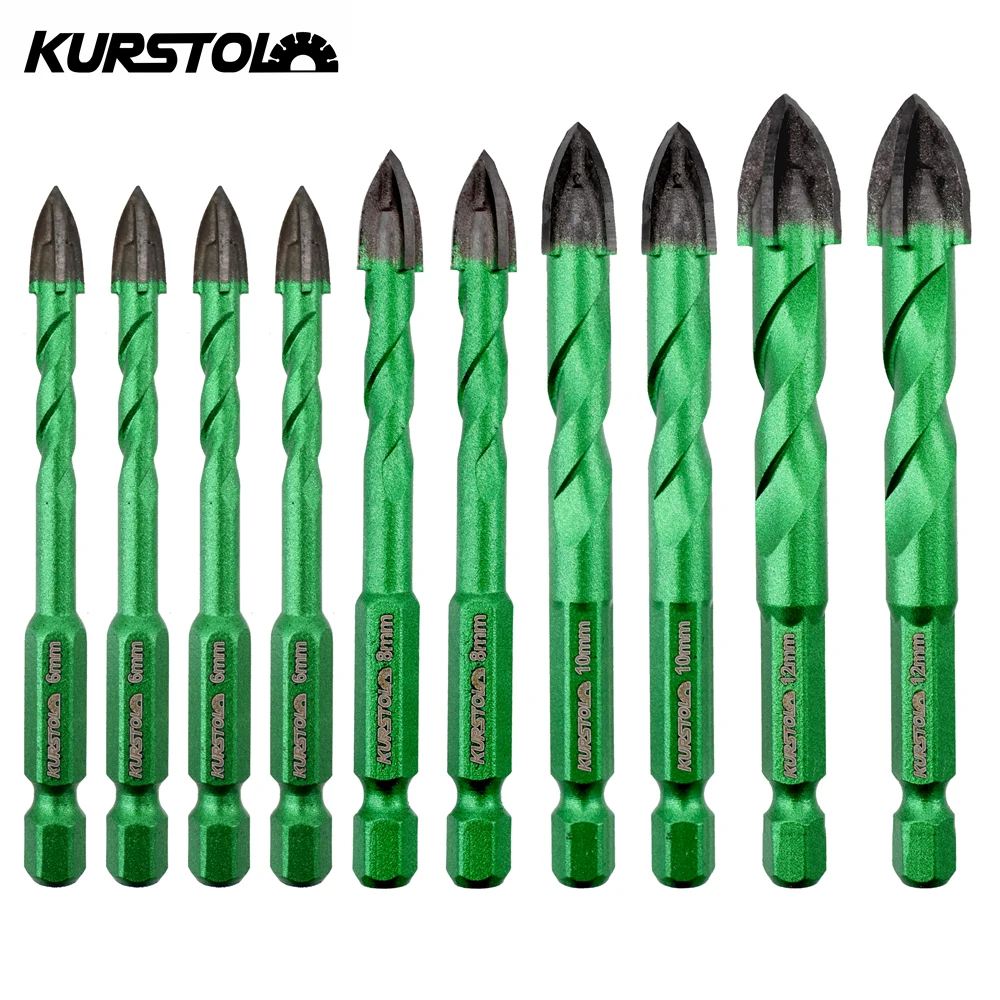 KURSTOL 10pcs Set Drill Bits 4pcs 6mm 2pcs 8mm 2pcs 10mm 2pcs 12mm Quick-fit Shank Cross Spiral Tungsten Carbide Drill Bits