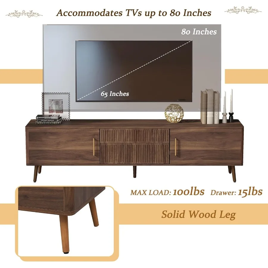 70,8 Suporte de TV para sala de estar com armário de armazenamento de nogueira com design canelado Mesa de console de mídia moderna de meados do século com portas e F