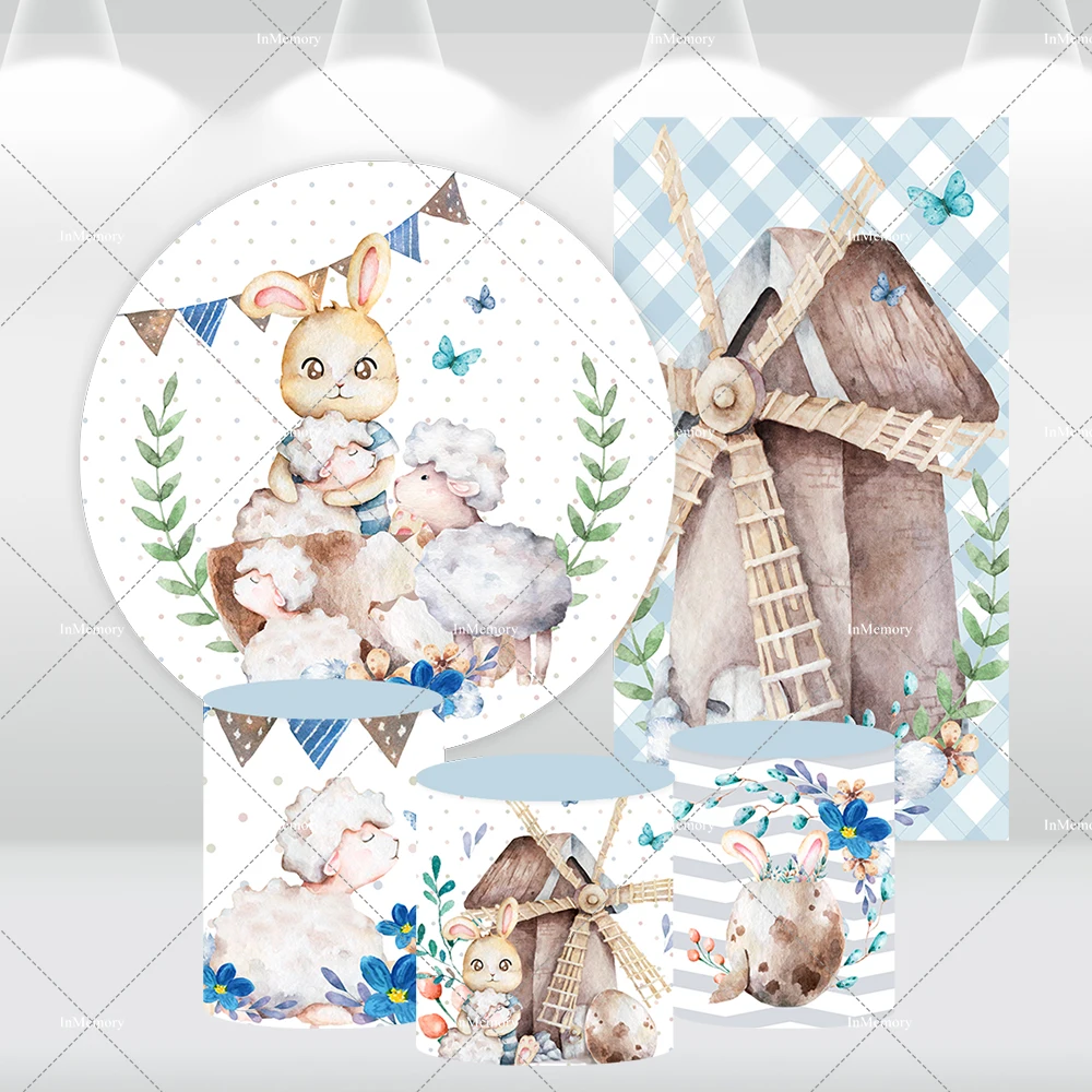 Blue Checkers Farm House Arch Cover Wall Easter Eggs Round Circle Backdrop Banner Cute Sheep Baby Shower Table Cylinder Covers