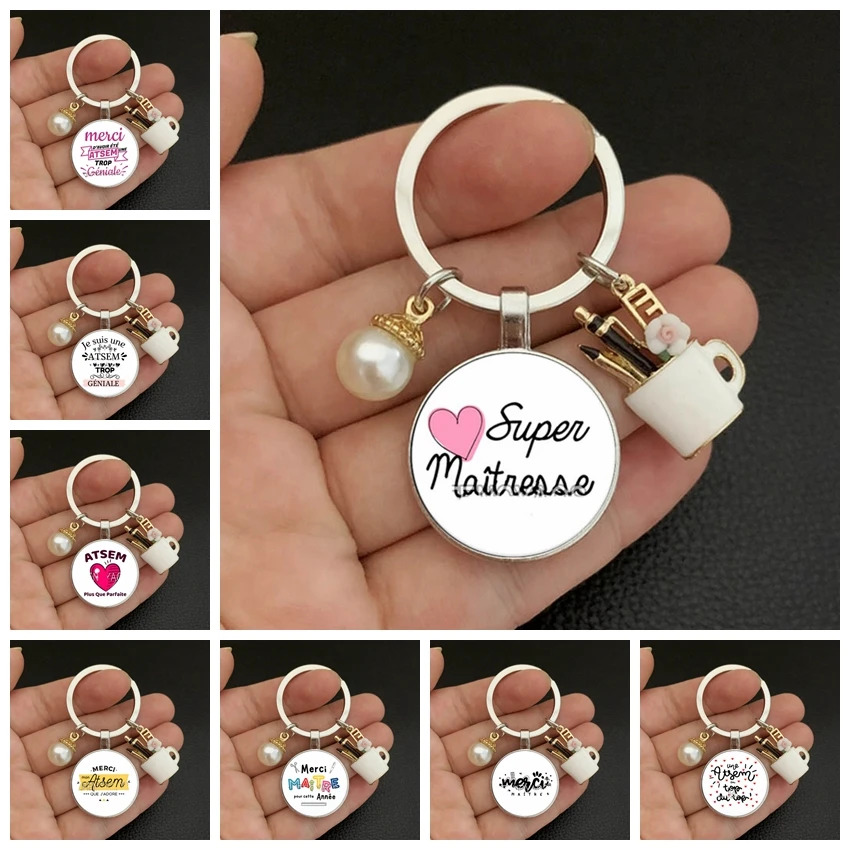 Popular Jewelry Dome Glass Zinc Alloy Keychain Teacher's Day French Merci Atsem Aesh Avs