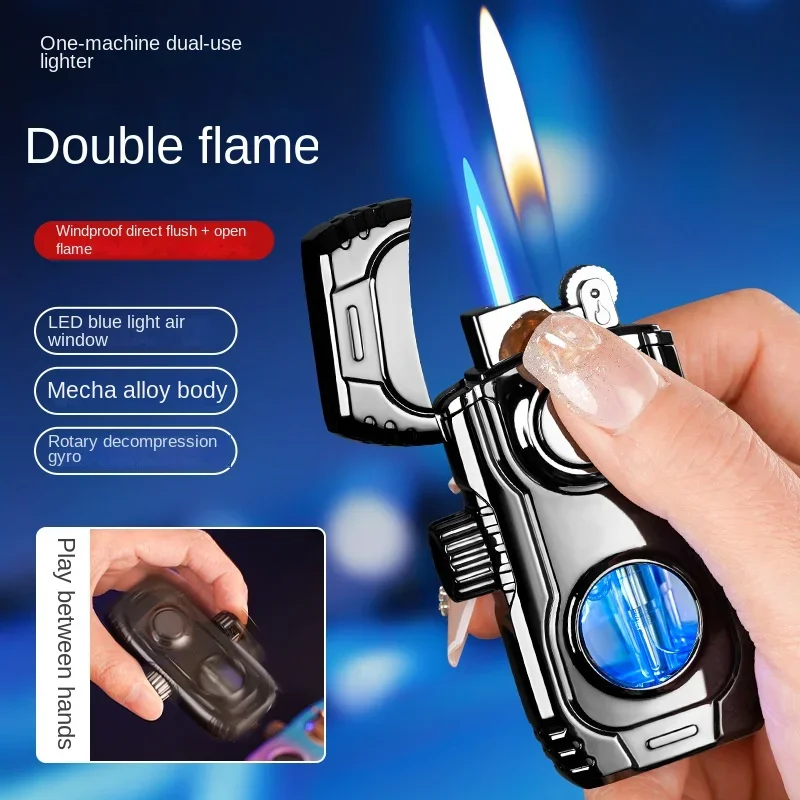 Gyroscope Clock Metal Windproof Cigar Cigarette Lighter Jet Torch Gas Two Types Flames Lighters Smoking Accessory Gadgets for Me