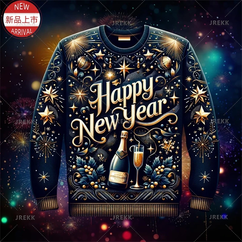 Harajuku 2025 Happy New Year 3D Printed Sweatshirts Colorful Firework Graphic Round Neck Sweatshirts Fashion Streetwear Clothing