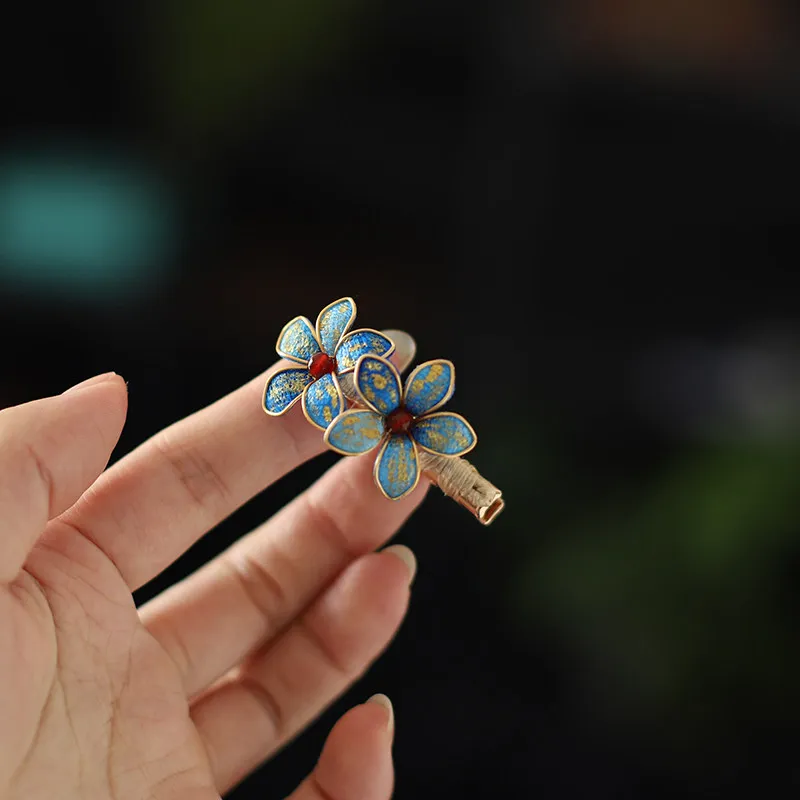 Chinese Style Vintage Lucky Blessing Blue Flower Hair Clip Traditional Hanfu Cheongsam Xiuhe Horse Face Skirt Hair Accessories