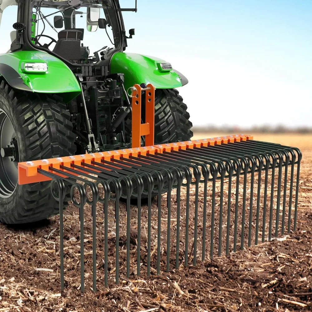Point Landscape Rake for Tractor, 72 Spring Pine Straw Rake with 30 Steel Tines, Suitable for Cat1 Cat2
