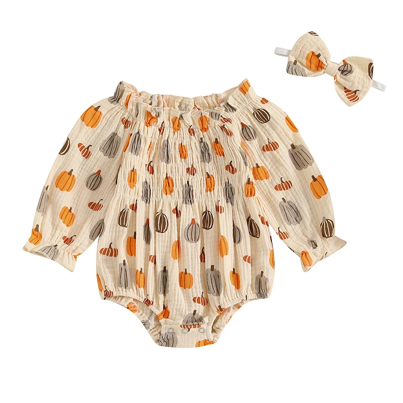 

Baby Girl Halloween Outfit Pumpkin Print Shirred Ruffle Sleeve Romper Bow Headband 2 Piece Set for Fall