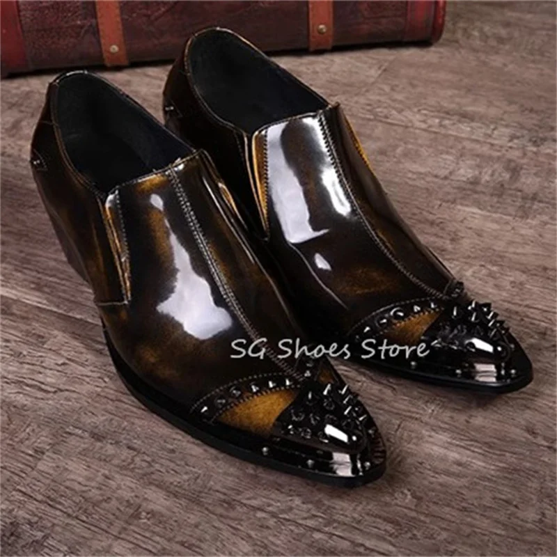 

Fashion Rivet Pointed Toe Loafers for Men High Top Chunky Heel Genuine Leather Shoes Male Business Party Dress Ankle Boots