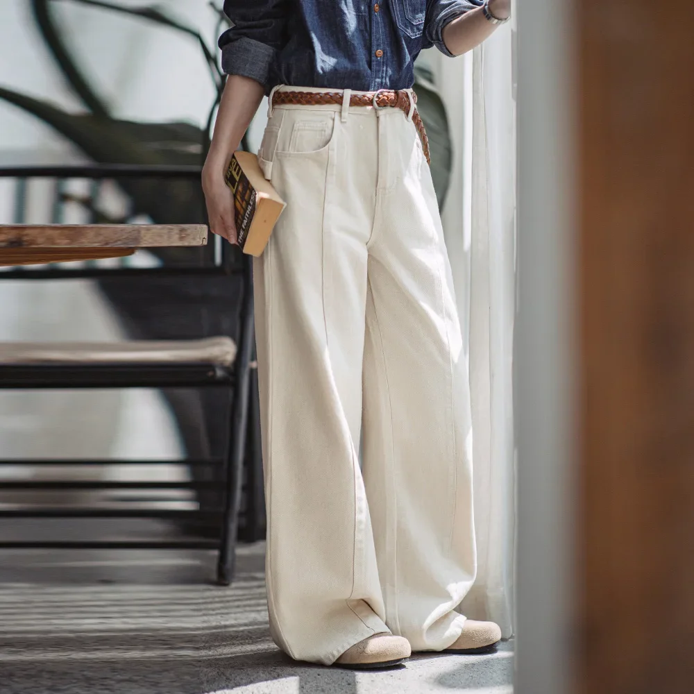 

Maden Women's Retro White Cottonseed Straight Jeans Loose Fit Wide-Leg Casual Pants with Pockets Trousers for Spring And Autumn