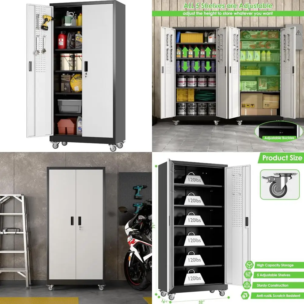 Adjustable Shelves Metal Garage Storage Cabinet with Wheels, 71 Tall, Lockable Doors, and Pegboard for Garage Organization