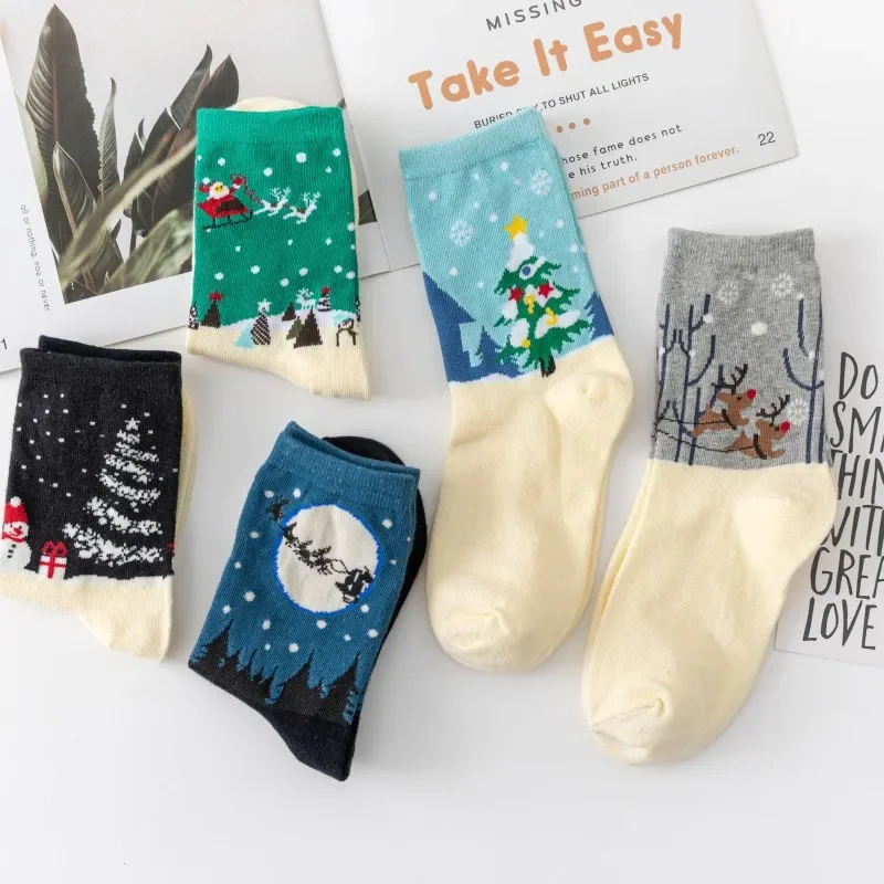 

Women's Mid Length Socks Christmas Cotton Sock White Bottom Snowman Elk Women's Fashion Funny Couple Socks