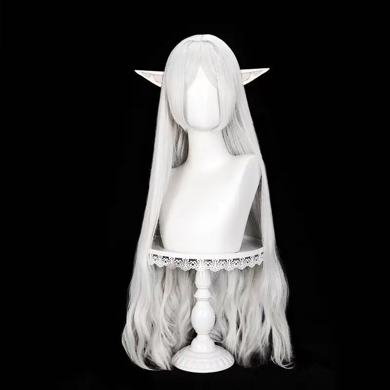 Frieren Anime Character Cosplay Wig Silvery White Loose Long Hair Wig Rose Net Heat Resistant Synthetic Fiber Halloween Party