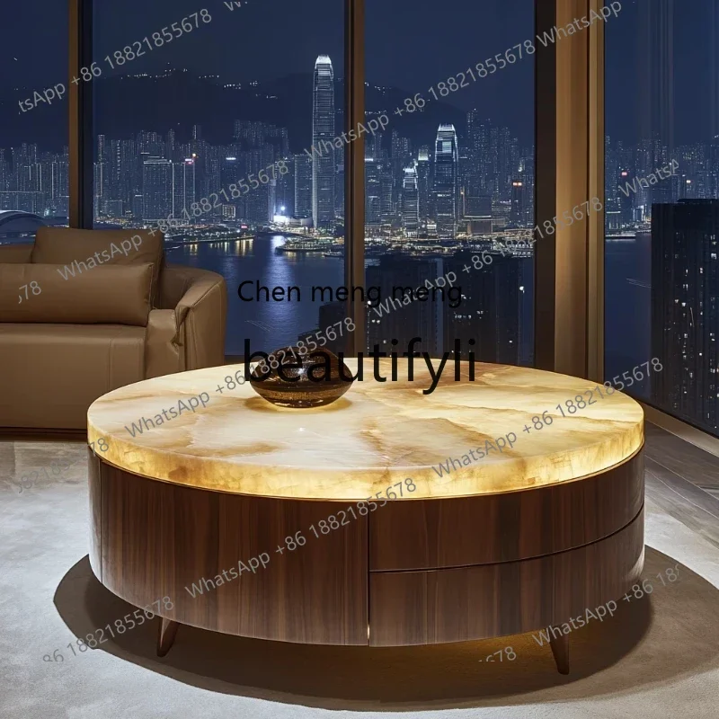

GLuminous jade dining table, natural marble round luxury stone, high-end light luxury style, living room dining table