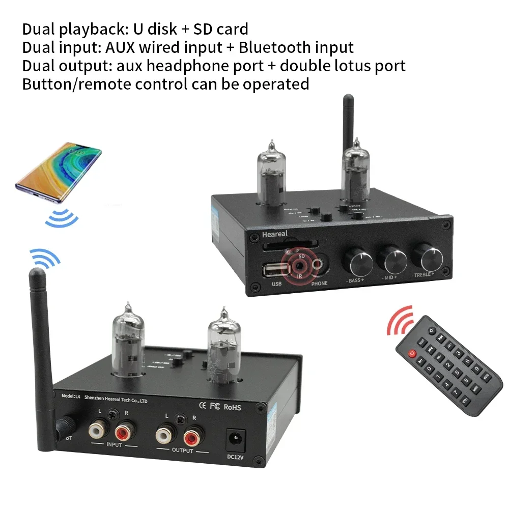 

Remote Control HiFi Bluetooth 5.0 6J5 / 6K4 Tube Preamp Earphone Audio Amplifier With Treble Bass Ajustment USB SD Input