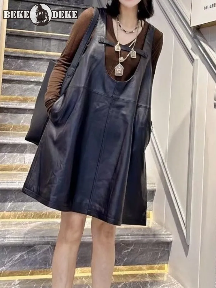 High Street Casual Women Tank Dress Fashion Loose Fit O-Neck Sleeveless Short Dresses Sweet Ladies Genuine Leather A-Line Dress